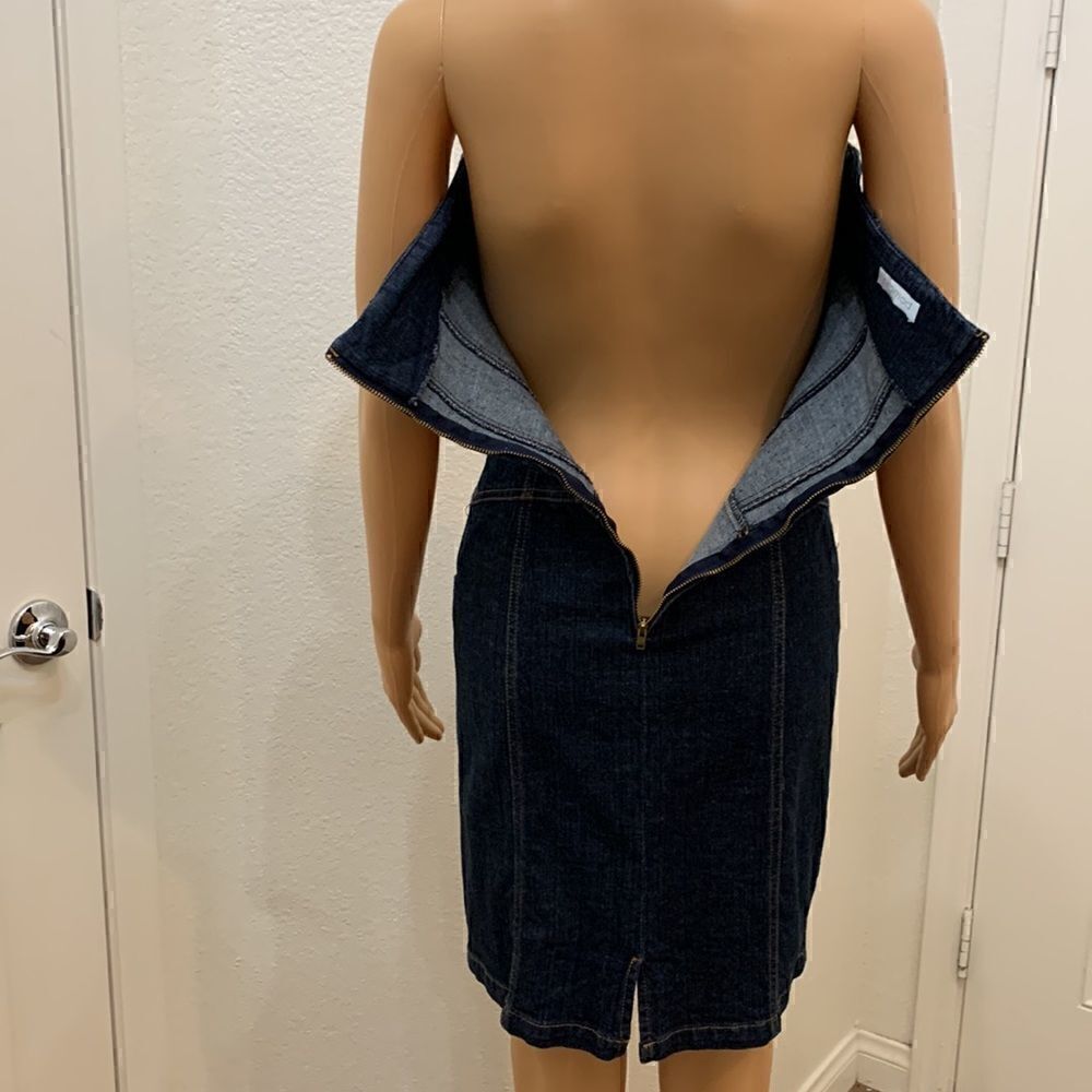 Premise Denim Blue Gold Strapless Pockets Zippered Back Woman’s Dress - Picture 11 of 16